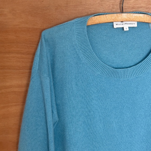 WHITE + WARREN cashmere pullover sweater size L large blue ribbed crew neck - Picture 3 of 8